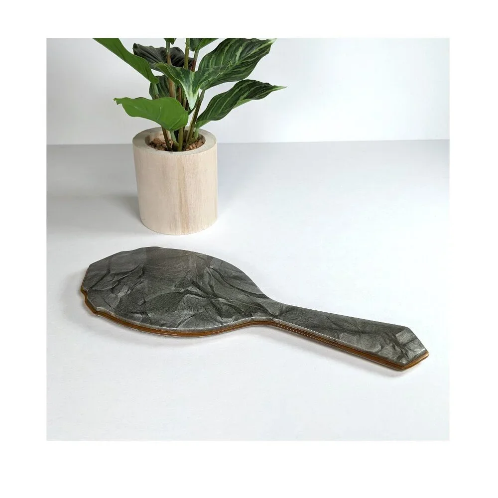 Antique Celluloid Gray Pearlized Beveled Hand Mirror Decor Primitive Art Deco